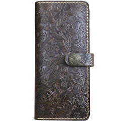 Handmade Leather Floral Mens Cool Travel Long Wallet Card Holder Card Slim Clutch Wallets for Men