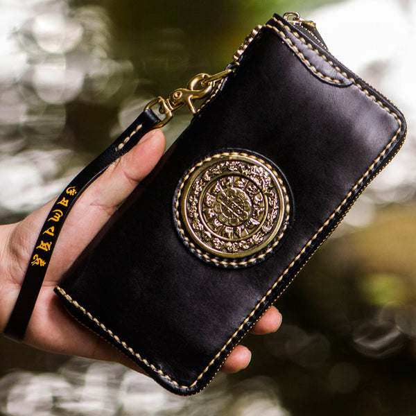 Handmade Leather Tibetan Mens Chain Biker Wallet Cool Leather Wallet Long Clutch Wallets for Men