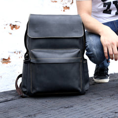 Genuine Leather Mens Cool Backpack Sling Bag Large Black Travel Bag Hiking Bag for men