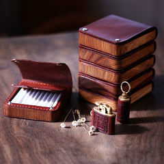Handmade Wooden Coffee Leather Mens 20pcs Cigarette Case Cool Custom Cigarette Holder for Men - iwalletsmen