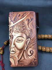 Handmade Leather Mens Clutch Wallet Cool Buddha&Demon Tooled Wallet Long Zipper Wallets for Men