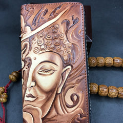 Handmade Leather Mens Clutch Wallet Cool Buddha&Demon Tooled Wallet Long Zipper Wallets for Men