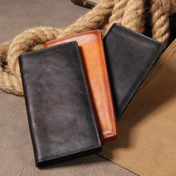 Cool Leather Mens Long Leather Wallet Bifold Slim Wallet for Men