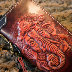 Handmade Leather Mens Chain Biker Wallet Cool Tooled Ganesha Wallet Long Phone Wallets for Men