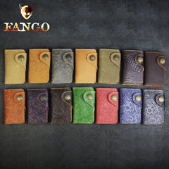 Handmade Leather Floral Mens Cool Key Wallet Wallet Card Holder Small Card Keychain Wallets for Men