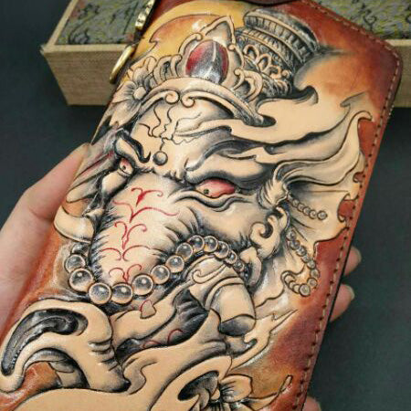 Handmade Leather Mens Clutch Wallet Cool GANESHA Tooled Chain Wallet Biker Wallets for Men