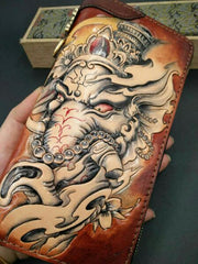 Handmade Leather Mens Clutch Wallet Cool GANESHA Tooled Chain Wallet Biker Wallets for Men
