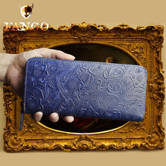 Handmade Leather Floral Mens Cool Travel Long Wallet Card Holder Card Slim Clutch Wallets for Men