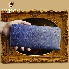 Handmade Leather Floral Mens Cool Travel Long Wallet Card Holder Card Slim Clutch Wallets for Men