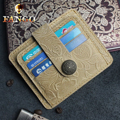 Handmade Leather Floral Mens Cool Front Pocket Wallet billfold Wallet Card Holder Small Card Slim Wallets for Men