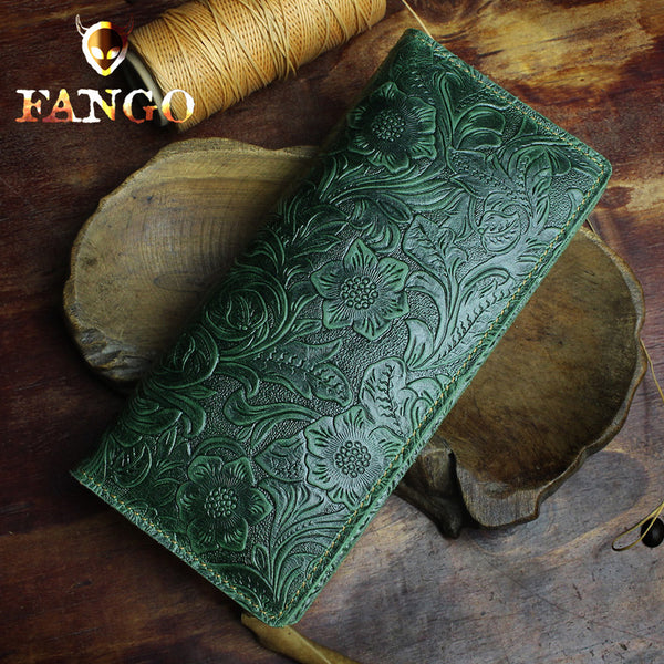 men's leather wallets​ Green Floral Wallet Mens Long Wallets Cool Wallet for Men Bifold Leather Wallet Mens Most Unique Mens Wallets