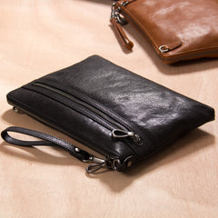 Leather Mens Clutch Wristlet Bag Black Shoulder Bag Zipper Clutch for Men