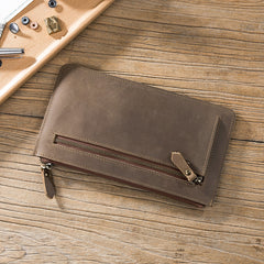 Handmade Leather Mens Clutch Wallet Cool Leather Wallet Zipper Phone Wallets for Men