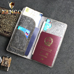 Handmade Leather Floral Mens Cool Travel Long Wallet Passport Card Holder Card Slim Wallets for Men