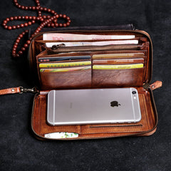 Handmade Leather Mens Cool Long Leather Wallet Card Wallet Clutch Wristlet Wallet for Men