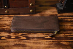 Handmade Leather Mens Cool Long Leather Wallet Zipper Clutch Wallet for Men