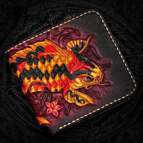 Handmade Leather Carp Tooled Mens billfold Wallet Cool Leather Wallet Slim Wallet for Men