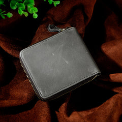 Handmade Leather Mens Cool Zipper Leather Wallet Card Wallet Men Small Wallets Bifold for Men