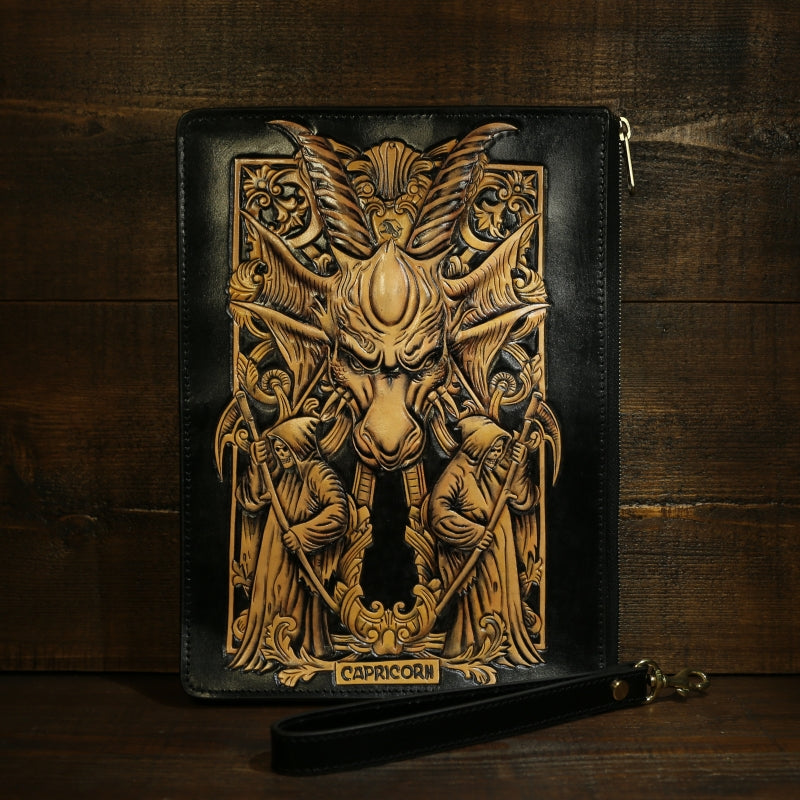 Handmade Leather Tooled CONSTELLATION Mens Cool Long Leather iPad Bag Wristlet Clutch Wallet for Men
