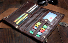 Handmade Leather Mens Cool Long Leather Wallet Slim Zipper Clutch Wristlet Wallet for Men