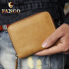 Handmade Leather Mens Cool Slim Leather Wallet Men Zipper billfold Wallets Bifold for Men