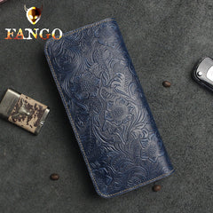 Handmade Leather Floral Mens Cool Travel Long Wallet Card Holder Card Slim Clutch Wallets for Men