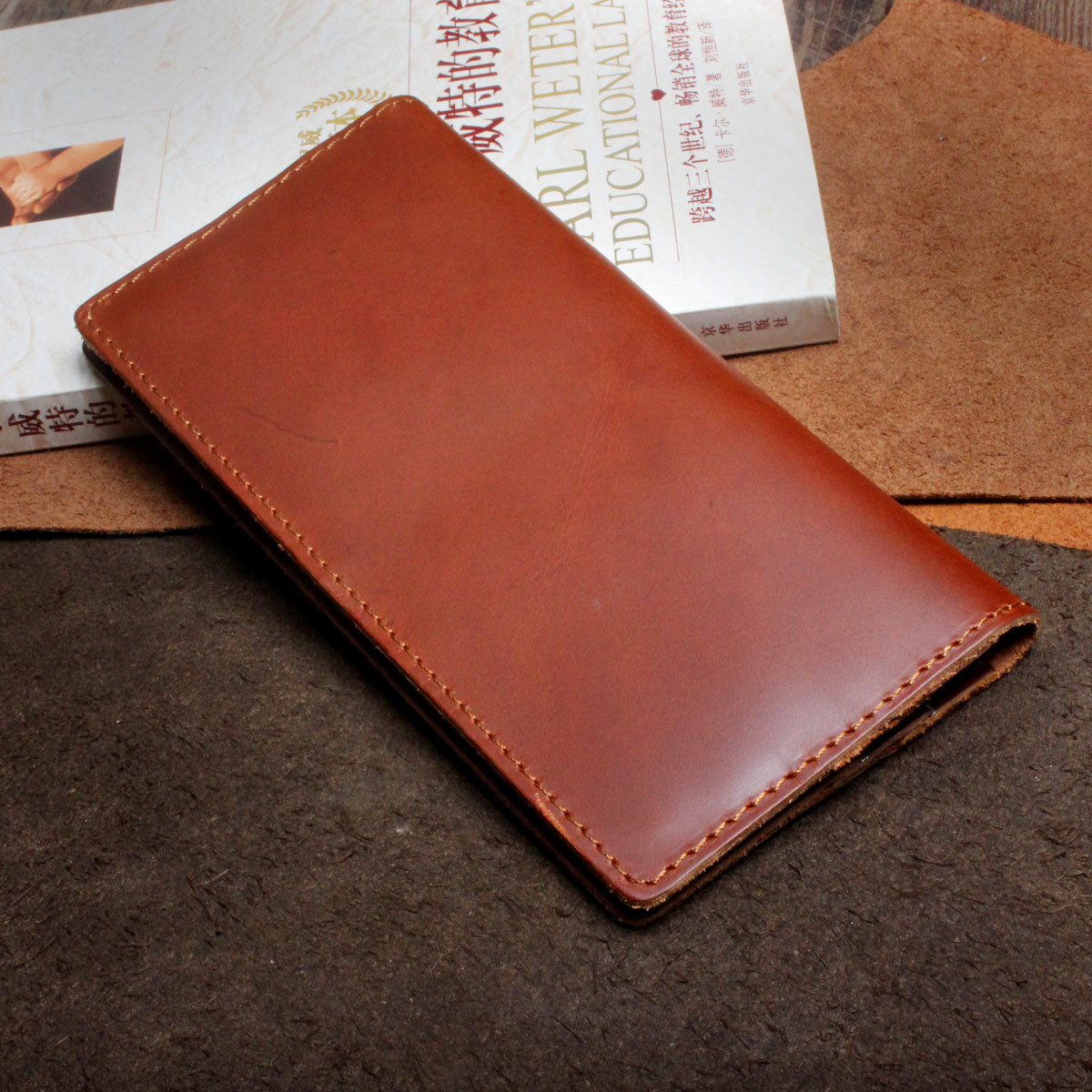 Handmade Leather Mens Cool Long Leather Wallet Clutch Wristlet Wallet for Men