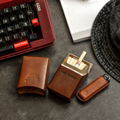 Handmade Beige Leather Mens 20pcs Cigarette Case Cool Custom Cigarette Case for Men - iwalletsmen
