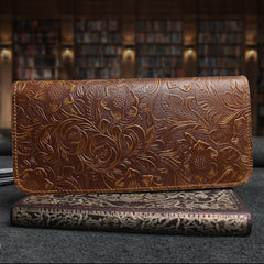 Handmade Leather Floral Mens Cool Travel Long Wallet Card Holder Card Slim Clutch Wallets for Men