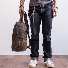 Canvas Leather Mens Cool Chest Bag Sling Bag Crossbody Bag Travel Bag Hiking Bag for men