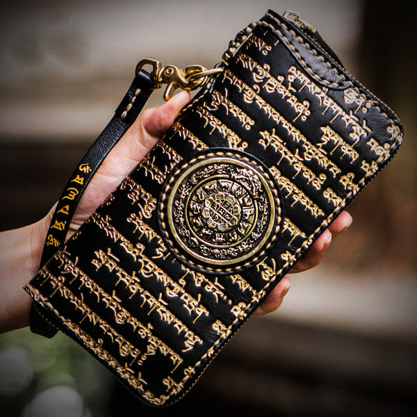 Handmade Leather Tibetan Mens Chain Biker Wallet Cool Leather Wallet Long Clutch Wallets for Men