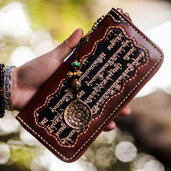 Handmade Leather Mens Tibetan Chain Biker Wallet Cool Leather Wallet Long Clutch Wallets for Men