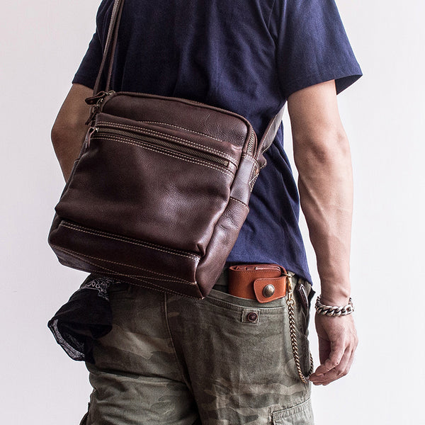 Genuine Leather Mens Cool Messenger Bag Square Bag Chest Bag Bike Bag Cycling Bag for men - iwalletsmen