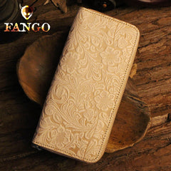 Handmade Leather Floral Floral Mens Cool Zipper Phone Travel Long Wallet Card Holder Card Slim Clutch Wallets for Men