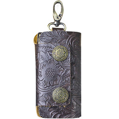 Handmade Leather Floral Mens Cool Car Key Wallet Coin Wallet Pouch Car KeyChain for Men
