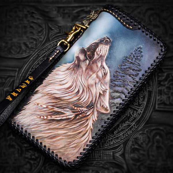 Handmade Leather Tooled Wolf Chain Wallet Mens Biker Wallet Cool Leather Wallet Long Phone Wallets for Men