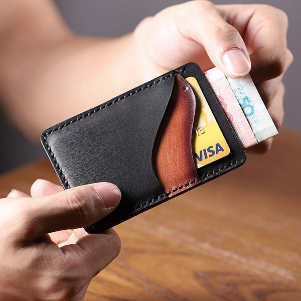 Black Leather Mens Front Pocket Wallet Personalized Slim Card Wallets for Men - iwalletsmen