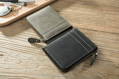 Handmade Leather Mens Cool Slim Leather Zipper Wallet Men Small Wallets Bifold for Men