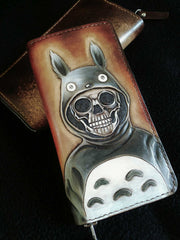 Handmade Leather Skull Totoro Tooled Mens Long Wallet Cool Leather Wallet Clutch Wallet for Men