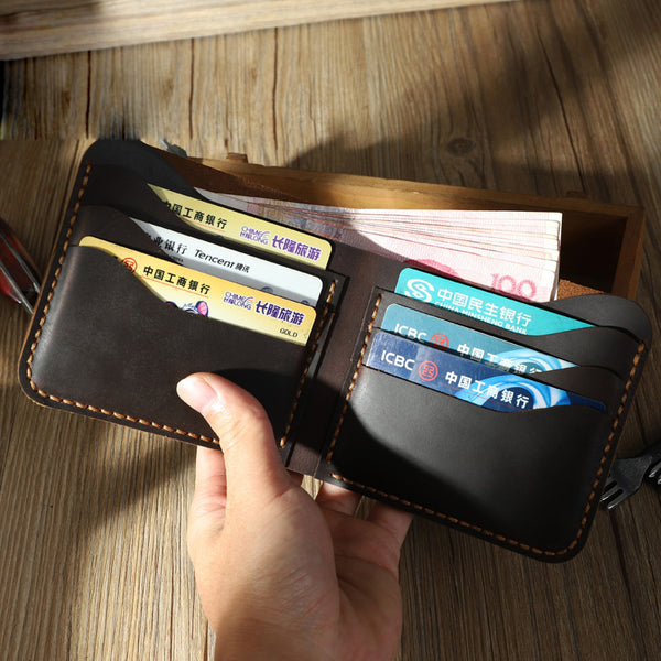 Handmade Slim Black Leather Mens Billfold Wallet Personalize Bifold Small Wallets for Men - iwalletsmen