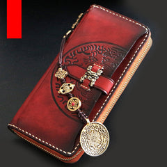 Handmade Mens Tooled Snow Lion Leather Chain Wallet Biker Trucker Wallet with Chain - iwalletsmen