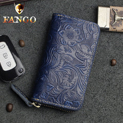 Handmade Leather Floral Mens Cool Car Key Wallet Coin Wallet Pouch Car KeyChain for Men