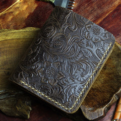 Handmade Leather Floral Mens Cool Slim Leather Wallet Men billfold Wallets Bifold for Men