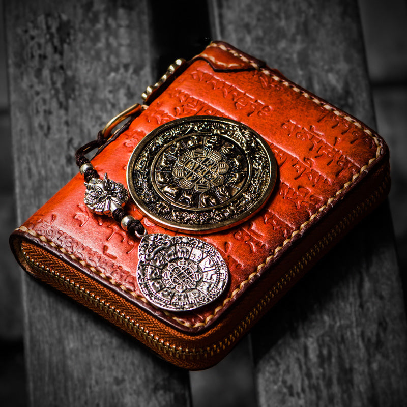 Handmade Leather Tibetan Mens billfold Wallet Cool Chain Wallet Biker Wallet for Men