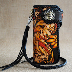 Handmade Mens Tooled God Mahakala Leather Chain Wallet Biker Trucker Wallet with Chain