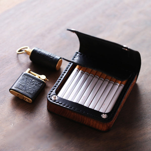 Handmade Wooden Black Leather Mens 20pcs Cigarette Case Cool Custom Cigarette Holder for Men - iwalletsmen