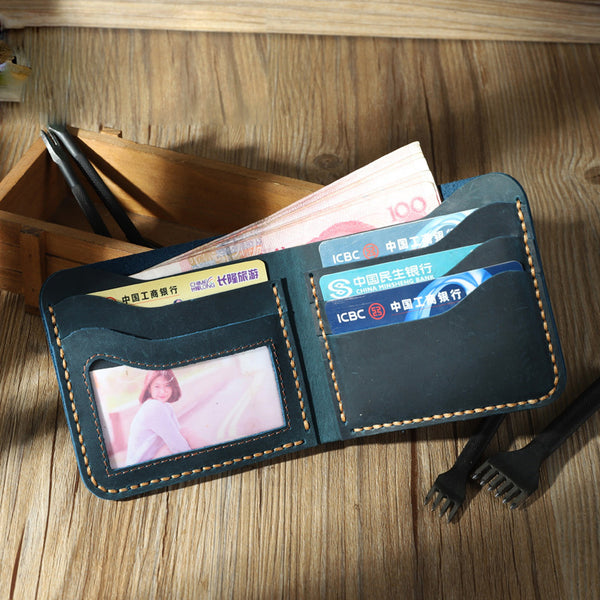 Handmade Slim Blue Leather Mens Billfold Wallet Personalize Bifold Small Wallets for Men - iwalletsmen