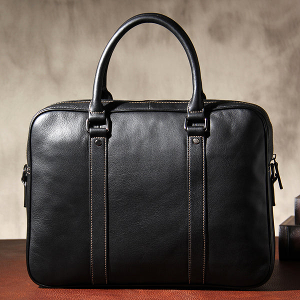 Genuine Leather Mens Black Briefcase Shoulder Bag Work Bag Laptop Bag Business Bag for Men