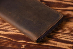 Handmade Leather Mens Cool Long Leather Wallet Zipper Clutch Wallet for Men