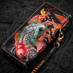 Handmade Leather Tooled Carp Mens Chain Biker Wallet Cool Leather Wallet Long Phone Wallets for Men